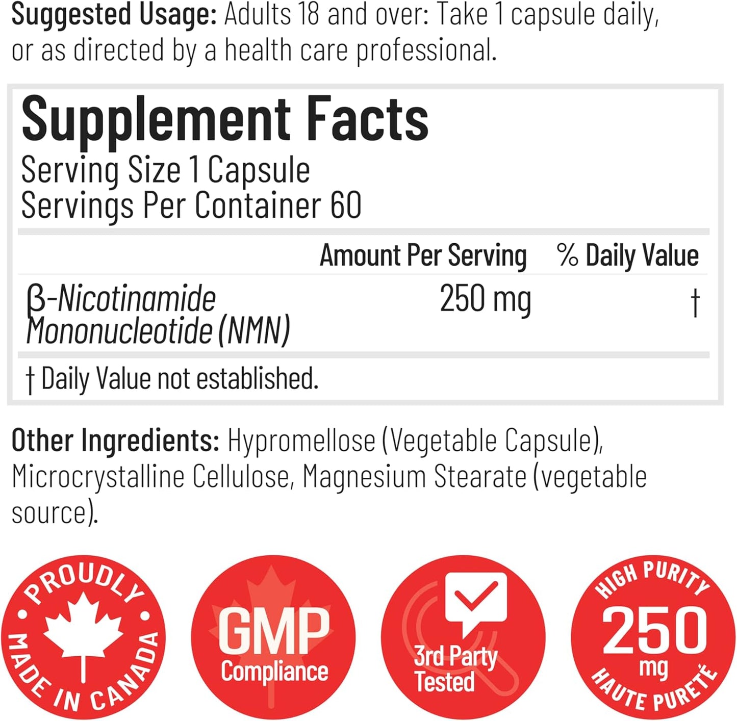 Arcwell NMN (Nicotinamide Mononucleotide) 250 mg per Capsule | NAD+ Boost Supplement for Healthy Aging & Energy Production | High Purity 99.8% | Made in Canada (60 day supply)