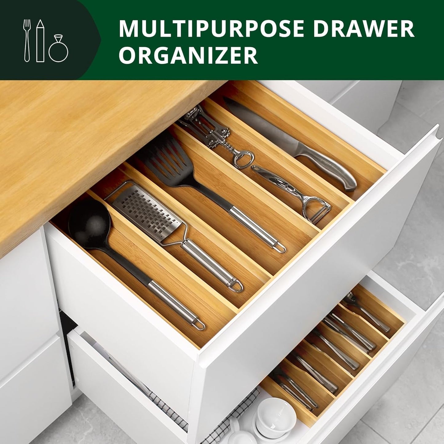 Bamboo Kitchen Drawer Organizer - Expandable Silverware Organizer/Utensil Holder and Cutlery Tray with Grooved Drawer Dividers for Flatware and Kitchen Utensils (Natural, 5 Slots)