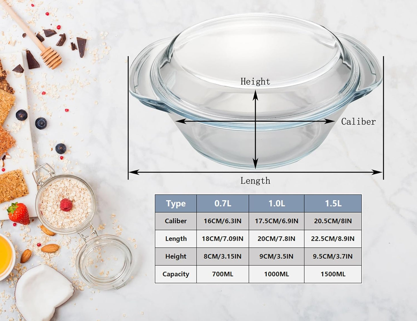 Mapeoes Casserole Baking Dish with 2 pcs for Oven, 1 QT large,Round with Handle and Glass Lid, Borosilicate Glass, Oven Microwave Dishwasher freezer safe,Cookware Bowl,Clear