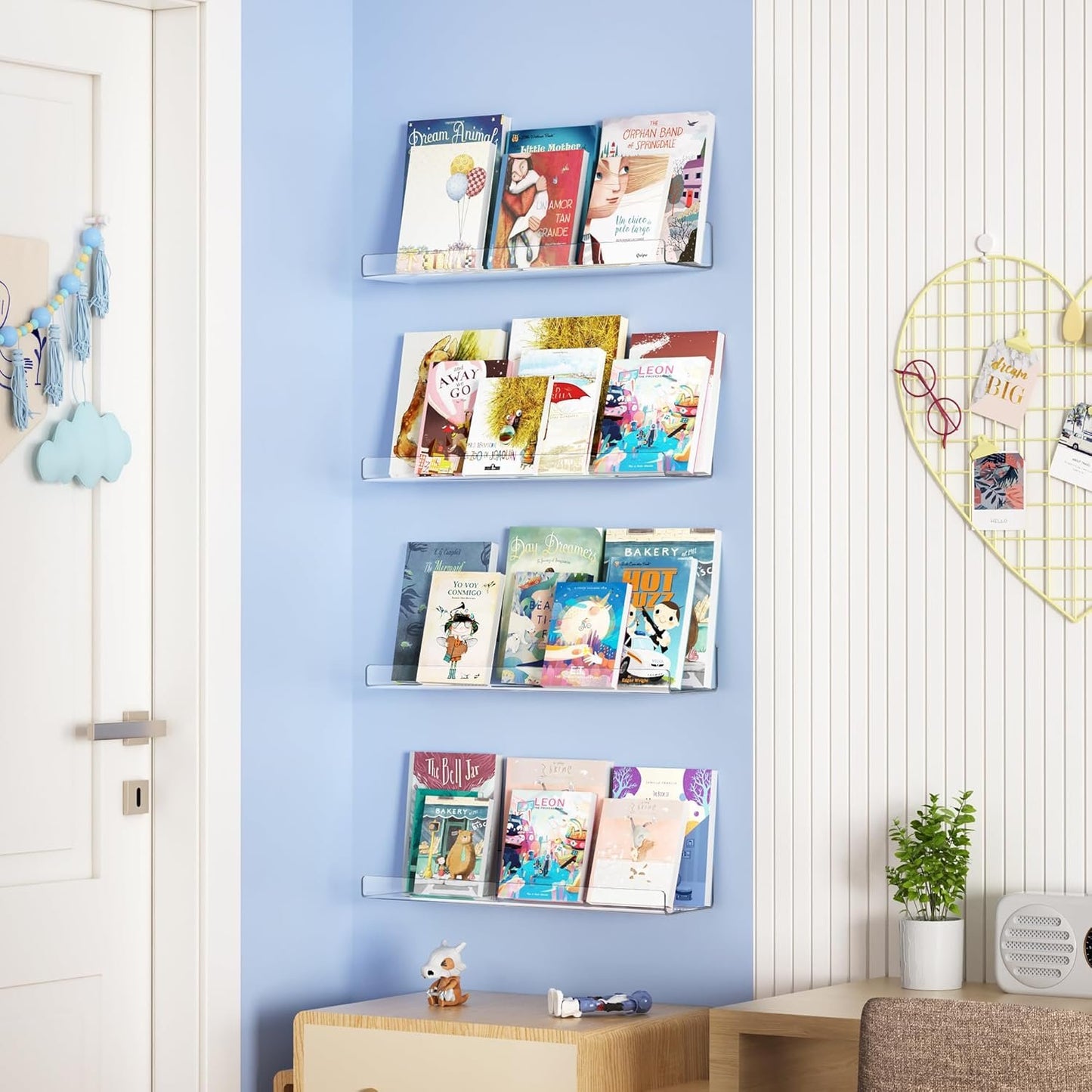 upsimples Clear Acrylic Shelves for Storage, 15" Floating Shelves Wall Mounted for Kids Bookshelf/Display Ledge for Bedroom, Living Room, Bathroom, Kitchen, Set of 4