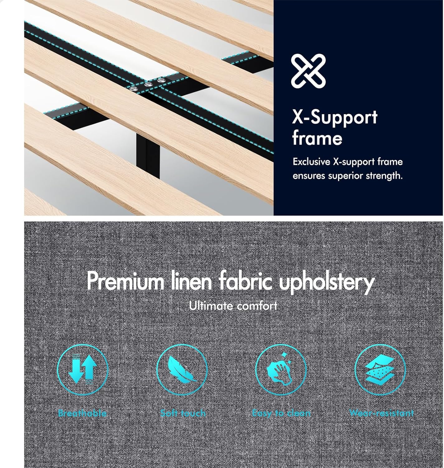 ALFORDSON Bed Frame Base Queen Size with Headboard, Bed Platform Foundation with Linen Fabric Upholstered for Mattress Topper, Harlene Series Fabric Grey