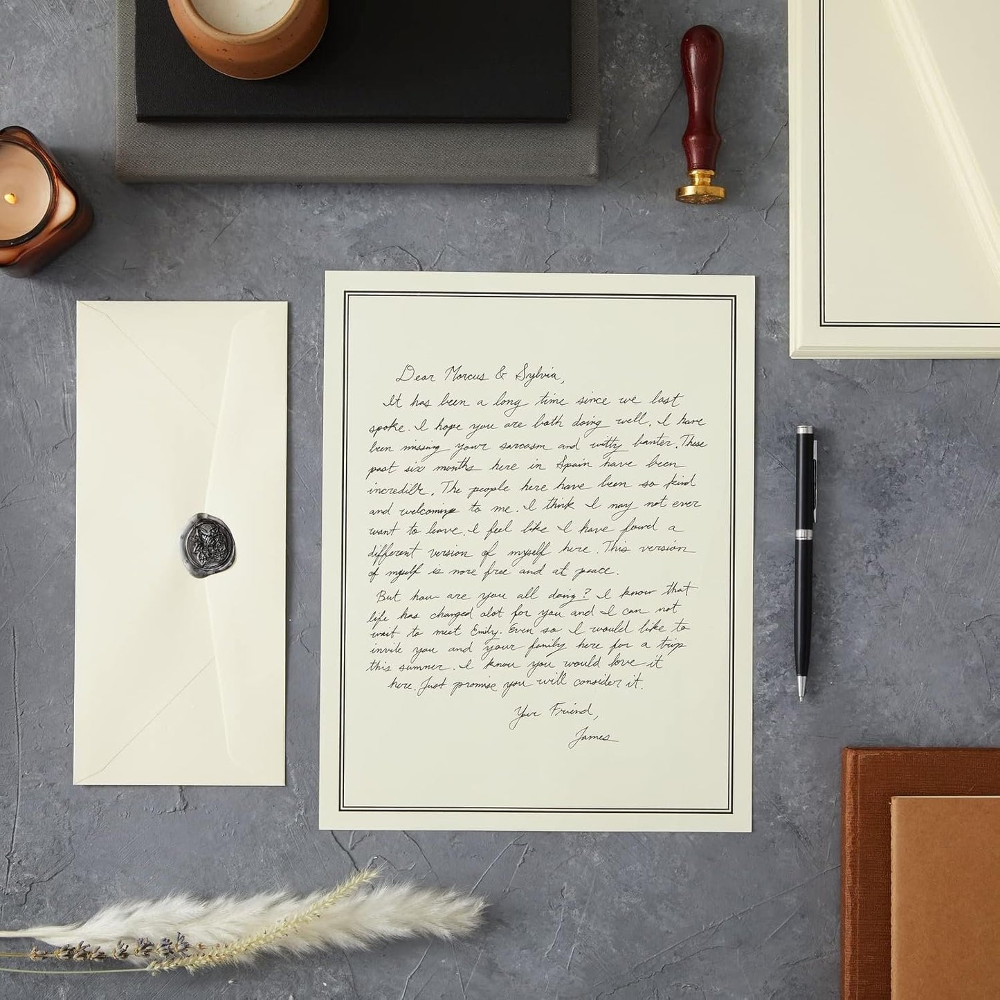 Ecru and Black Premium Stationery Paper Set, Letter Size (24 Envelopes, 48 Sheets)