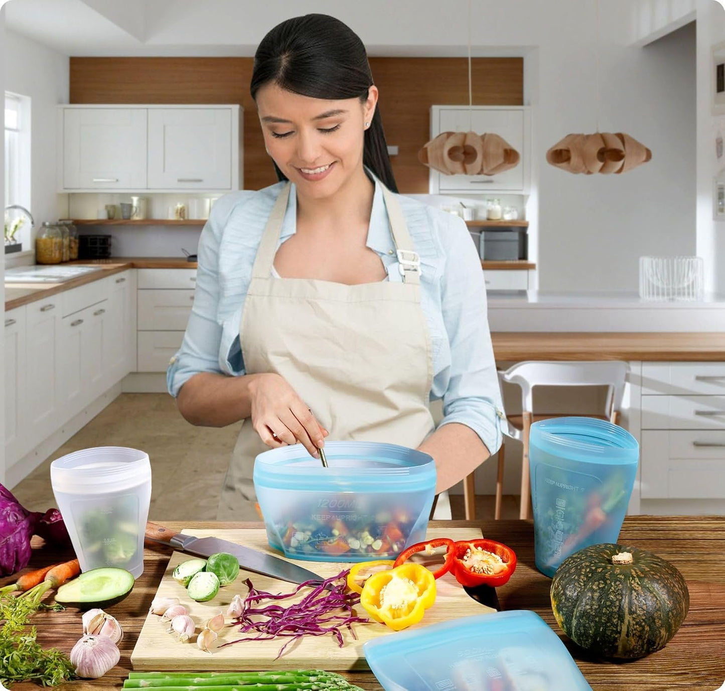 Zip Standing Reusable Silicone Food Storage Bag, Set of 6 White Stand Up Food Storage Container, Reusable Zipper seal bag, no lid required, for Food Storage& Meal Prep, Freezer Oven Dishwasher - Safe