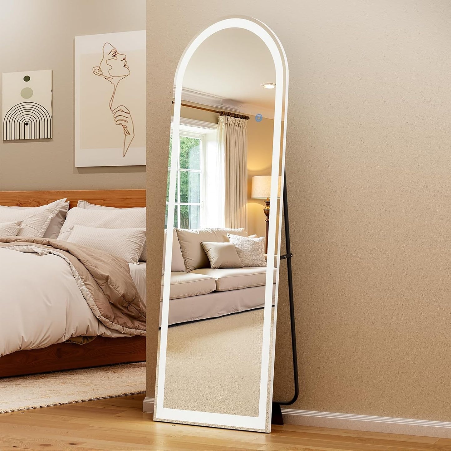 Koonmi Arched LED Full Length Mirror 20" x 56" Wall Mounted/Standing Full Body Mirror with Dimmable & 3 Color Lighting, Aluminum Alloy Frame, Tempered Glass, Safe to Use, for Bedroom/Cloakroom