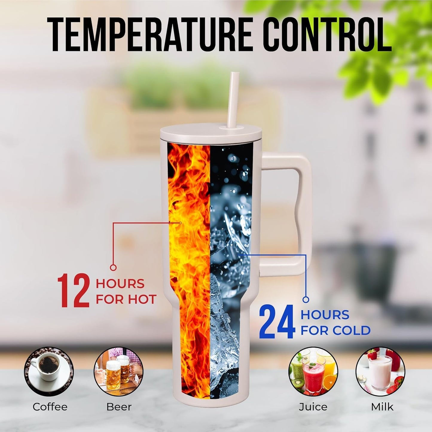 SIPPA Insulated Tumbler with Handle AKA Gobelet Isotherme, Double Wall Vacuum Tumbler with Straw and lid, Reusable Stainless Steel Water Bottle with Handle, Leak Proof Tumbler for Iced Coffee (Cream)