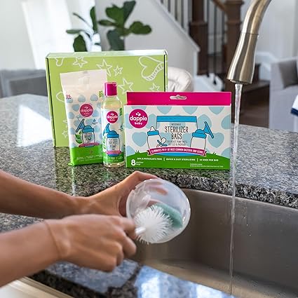 Dapple Breast Pump Cleaning Essentials Gift Set, Hypoallergenic & Powered by Plants, Removes Milk Residue, Leaves No Taste, 25ct Wipes, 8oz Soap 8ct Sterilizer Bags