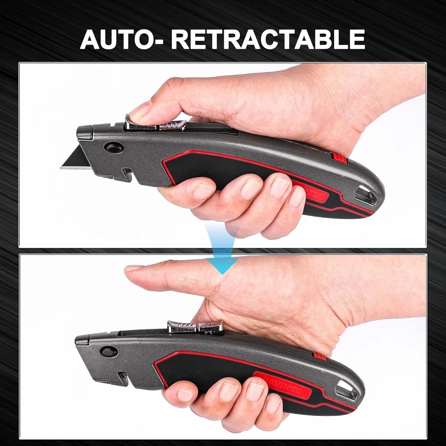 HAUTMEC Heavy Duty Utility Knife With Dual Cutting Mechanism: Safety Auto-Retracting Cutting and Precision 3 Position Depth Tough Cutting, Professional Box Cutter With 3 Black Sk4 Blades, HT0311
