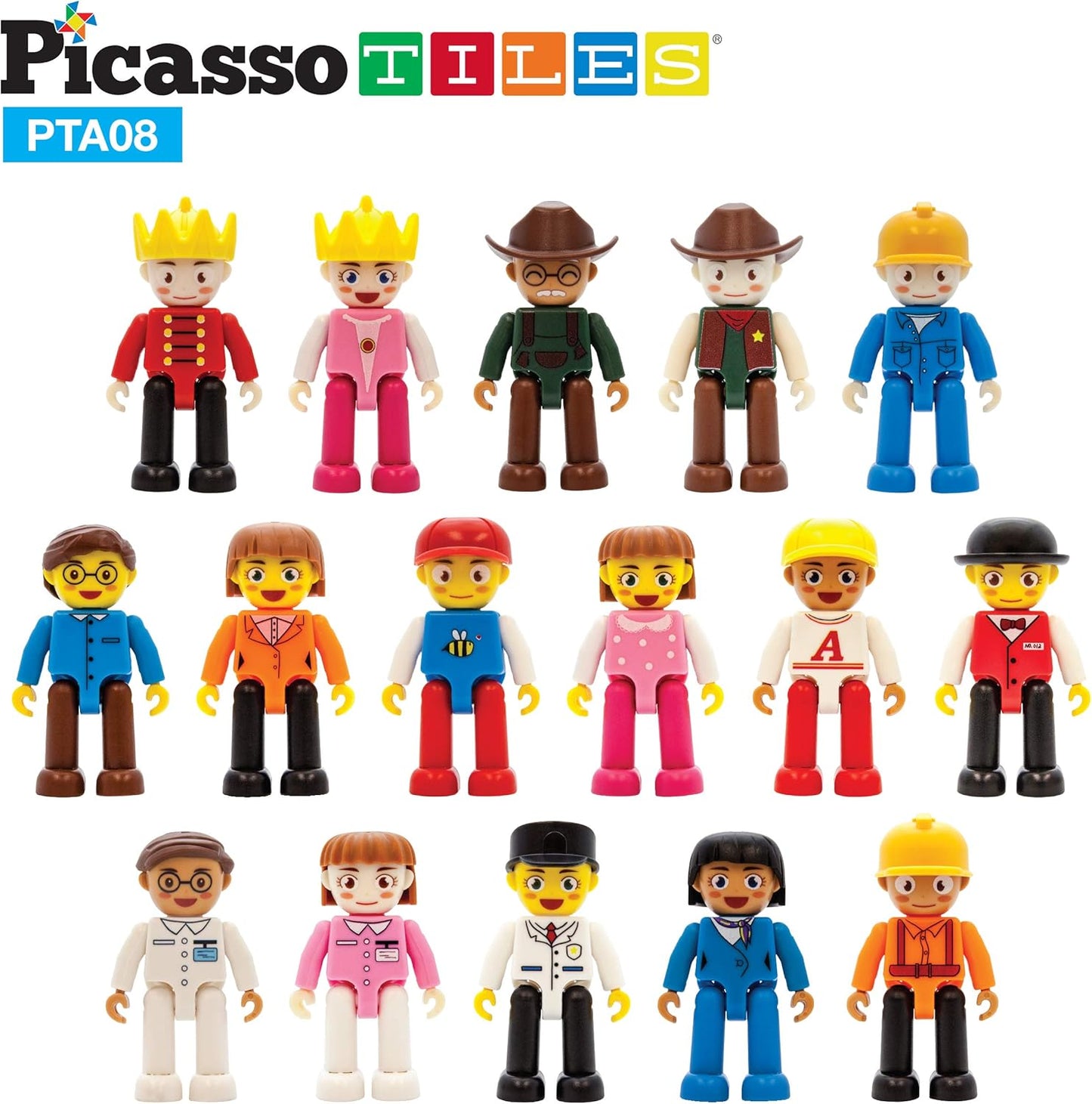 PicassoTiles 16 Piece Character Action Figures Toddler Toy Set Expansion Variety Pack Magnet Education Construction Blocks STEM Learning Kit Pretend Play Toys for Magnetic Building Block Tiles PTA08