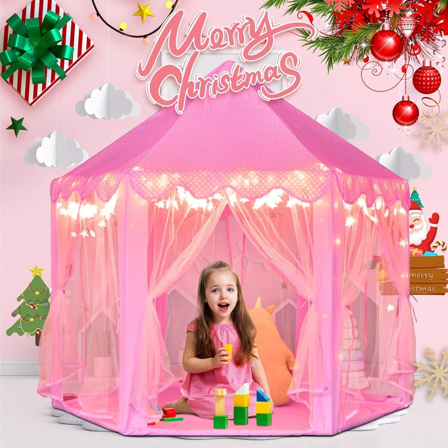MonoBeach Princess Castle Play Tent Kids Play House with Star Lights Girls Pink Play Tents Toy for Indoor & Outdoor Games