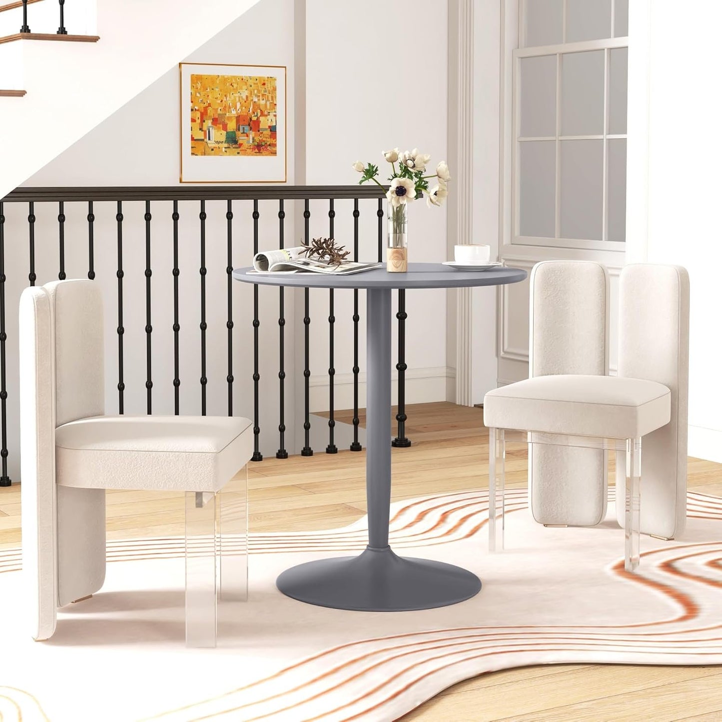 HOMCOM Round Dining Table for 2, Modern Kitchen Table with Painted Top and Steel Base for Living Room, Dining Room, Grey