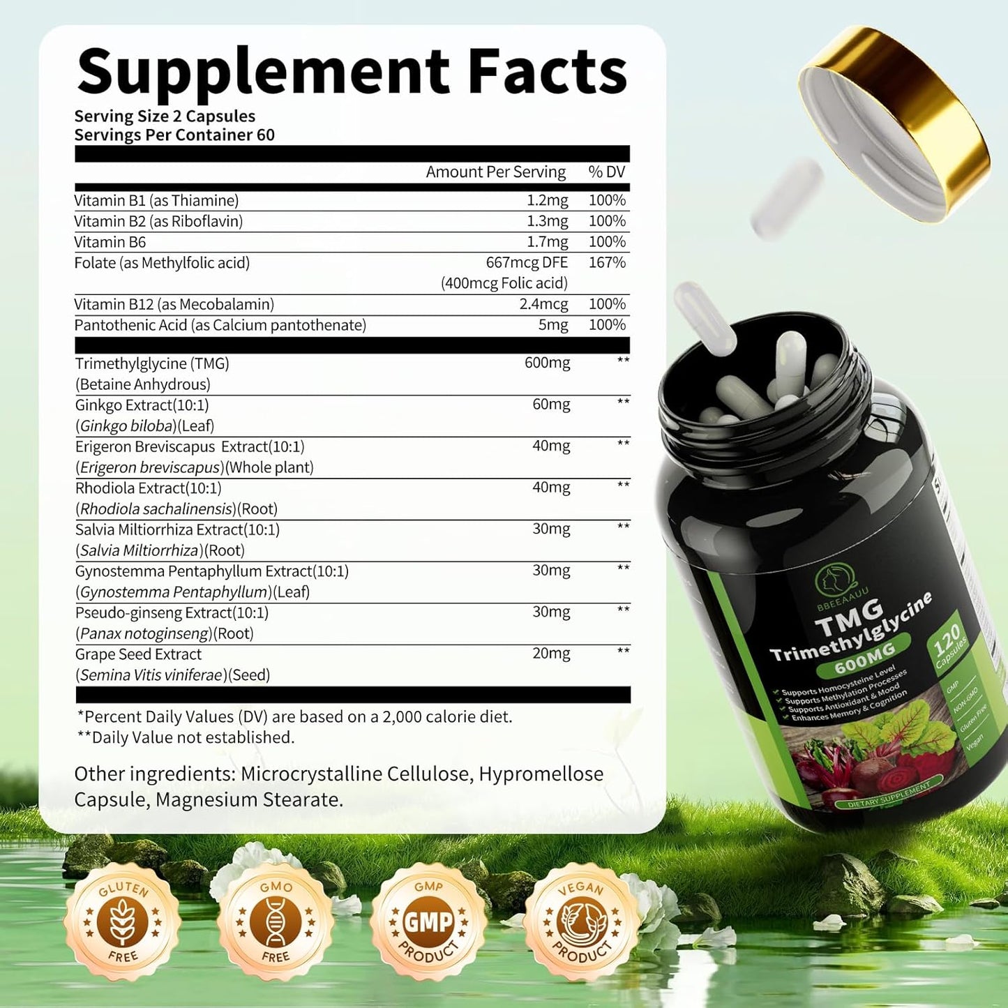 TMG Supplements - Trimethylglycine Capsules, Betaine Anhydrous 600mg, with Ginkgo & Vitamin B6, Supports Methylation, Liver Wellness & Cognitive, Non-GMO, Vegan, Blood Orange Flavor 120 Count
