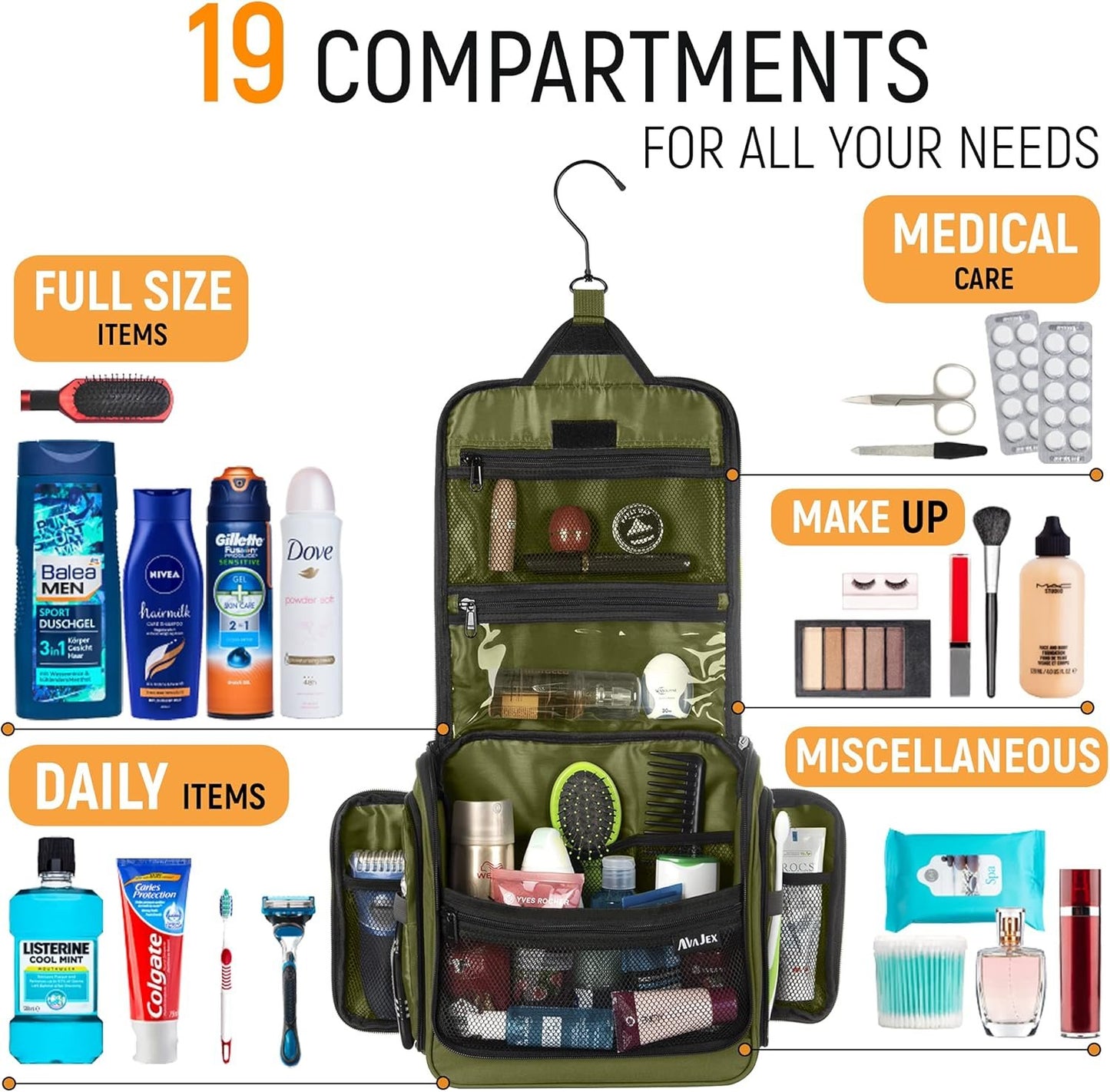Travel Toiletry Bag for Men and Women - Large Hanging Toiletry Organizer - Waterproof Hygiene Bag with Metal XXL Swivel Hook, with YKK Zippers and 19 Compartments for Toiletries, Makeup, Cosmetics