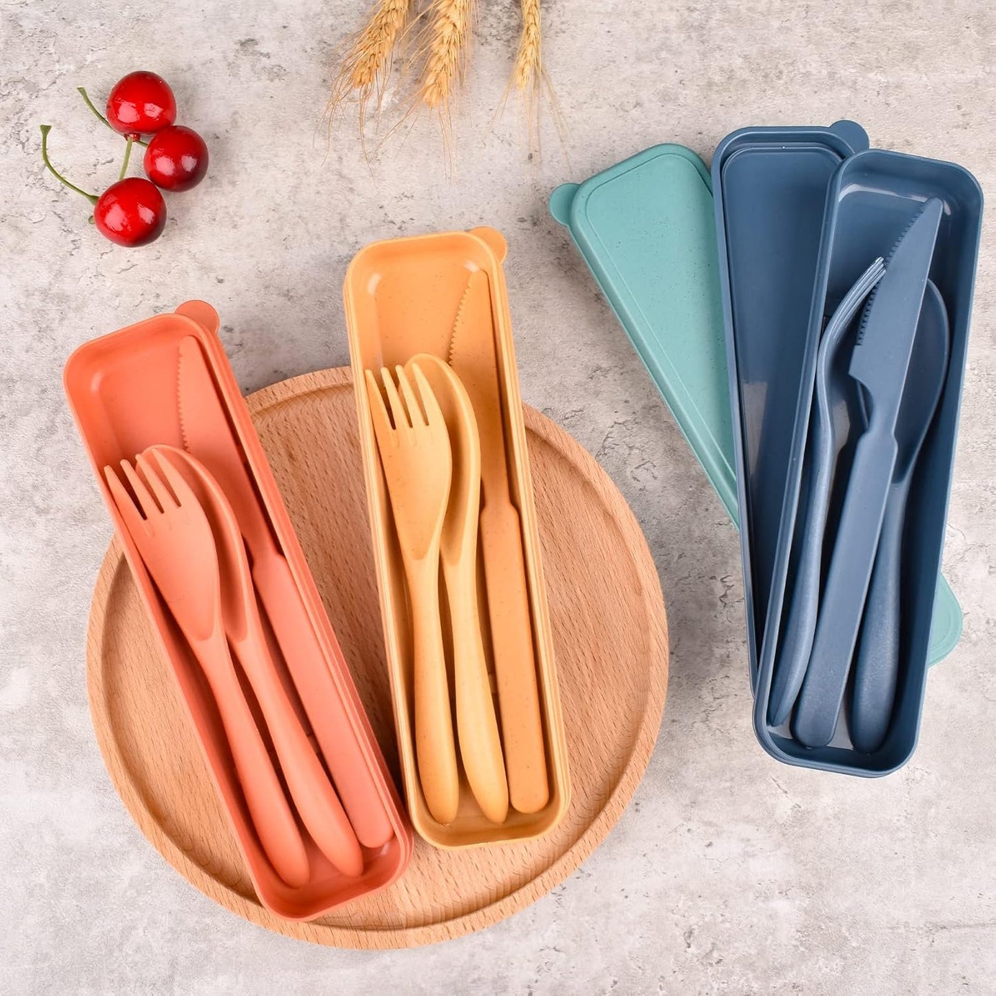 Reusable Wheat Straw Cutlery with Case, Portable Dark Utensils Set for Adults, Tableware Camping Cutlery Set for 4 People, Travel Utensils for Kitchens, Dishwasher Safe
