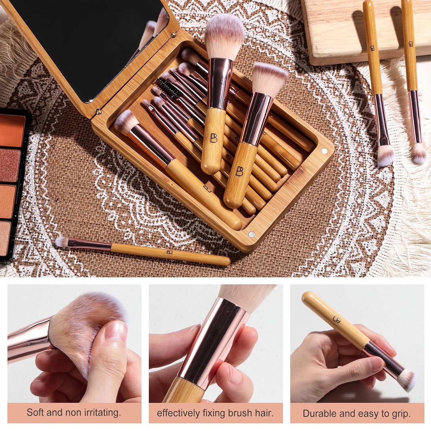 BS-MALL Travel Makeup Brush Set Bamboo Brushes Foundation Powder Concealers Eye Shadows Makeup Set with Mirror Case 14 Pcs