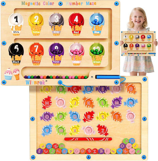 2 in 1 Double Side Magnetic Color Number Alphabet Maze Board, Montessori Toys 1-3 3-5 Year Old, Wood Educational Puzzle Learning Counting Matching Toy, Gifts for Toddler Kid Girls Boys 3 4 5