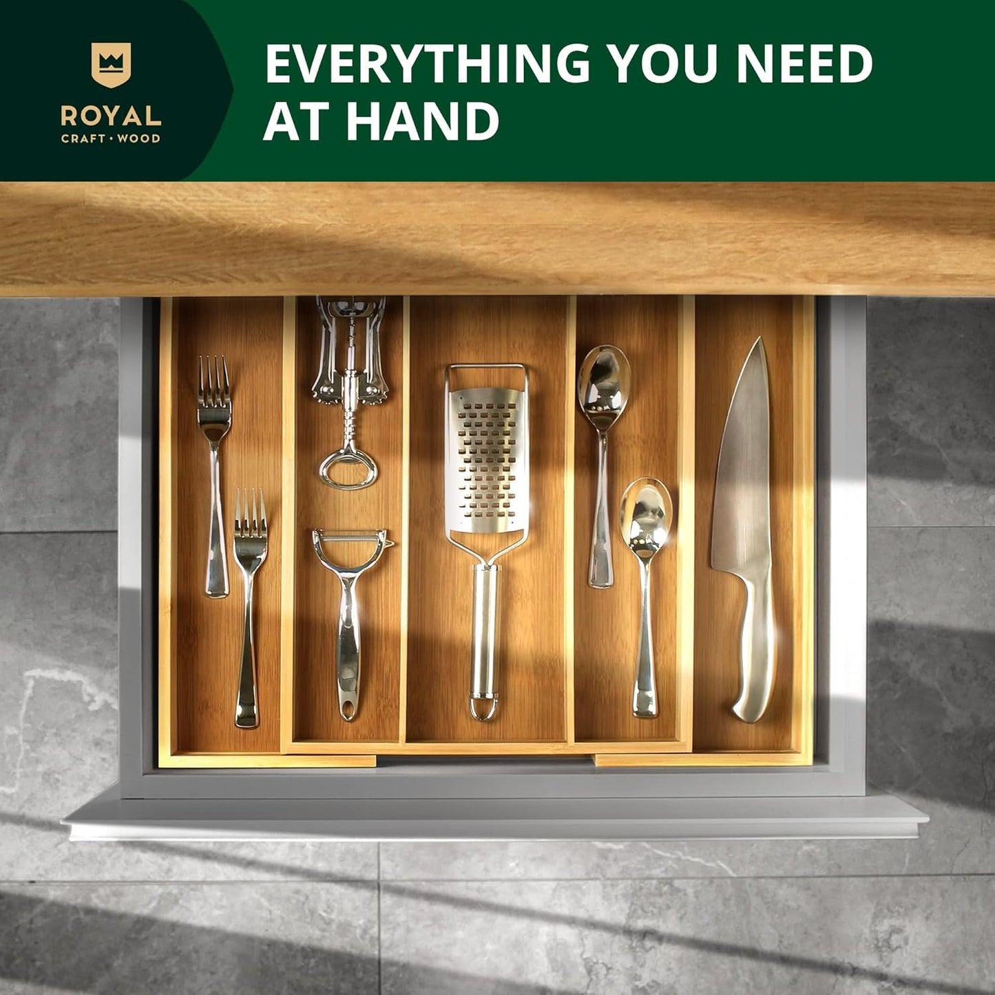 Bamboo Kitchen Drawer Organizer - Expandable Silverware Organizer/Utensil Holder and Cutlery Tray with Grooved Drawer Dividers for Flatware and Kitchen Utensils (Natural, 5 Slots)