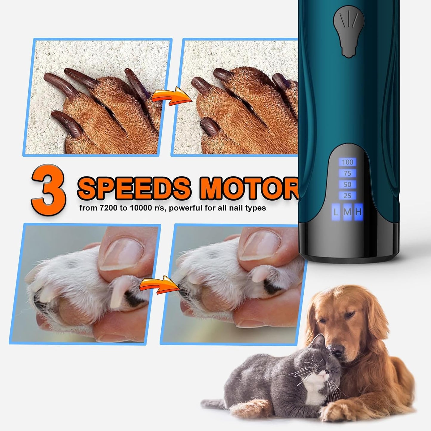 Dog Nail Grinder, Dog Nail Trimmers and Clippers Kit, Super Quiet Electric Pet Nail Grinder, Rechargeable, for Small Large Dogs & Cats Toenail & Claw Grooming,3 Speeds (A-Dark Blue)