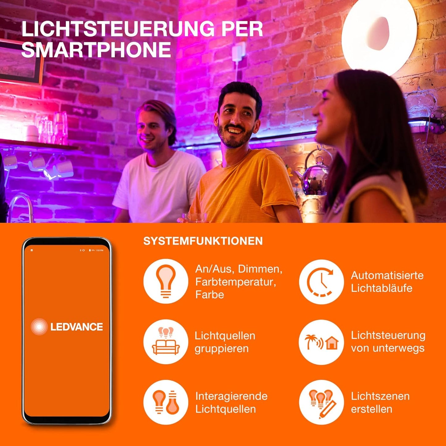 Ledvance Smart LED Lamp with Bluetooth Mesh, also controllable with Alexa and Google Assistant, replaces traditional 60W lamps, warm white (2700K), Smart Dimmable, 2 Pack