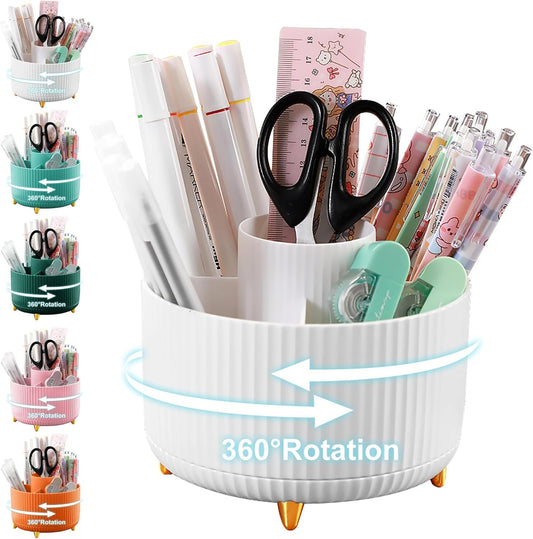 Cayxenful Pencil Holder For Desk,5 Slots 360°Degree Rotating Desk Organizers And Accessories,Desktop Storage Stationery Supplies Organizer, Cute Pencil Cup Pot For Office, School, Home (White)