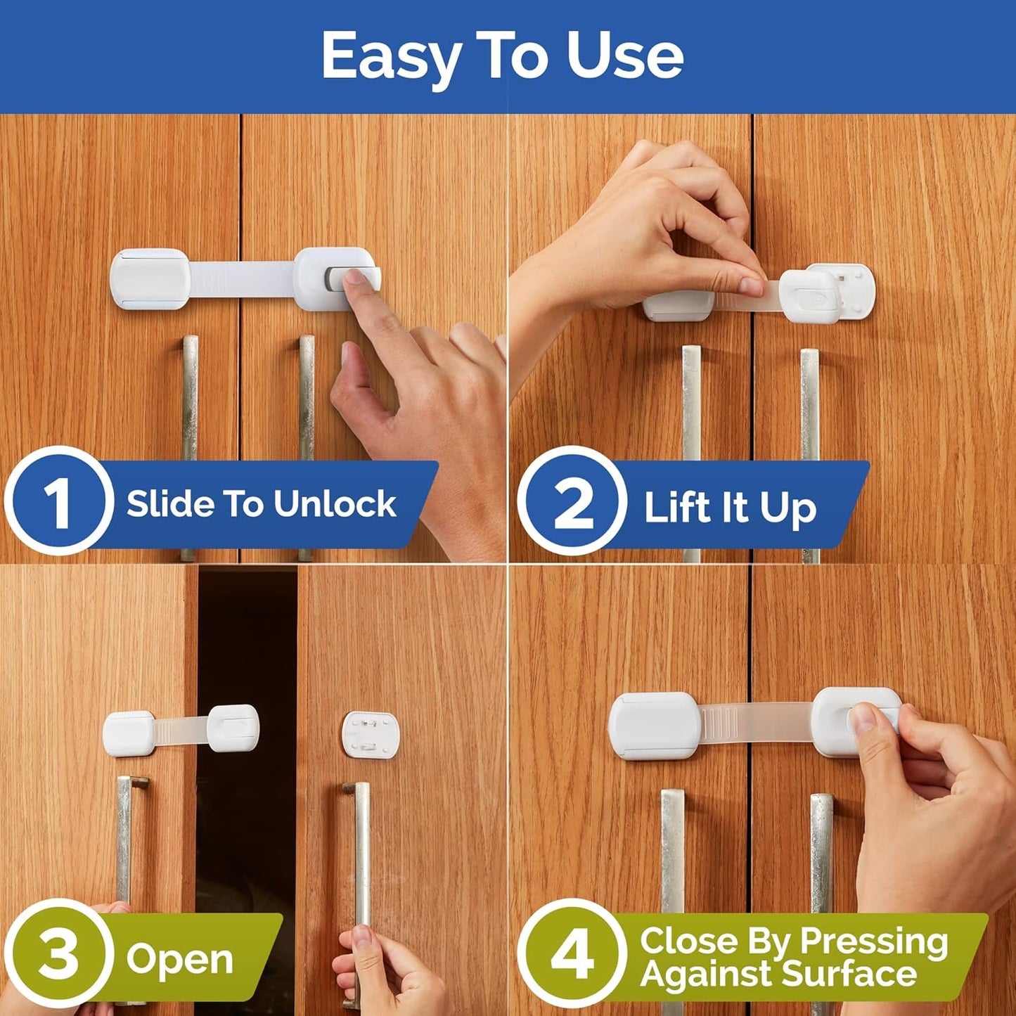 Child Safety Locks -VALUE PACK (10 Straps)- No Tools or Drilling -Adjustable Size/Flexible -Adhesive Furniture Latches For Cabinets, Drawers, Appliances, Toilet Seat, Fridge, Oven & More (White/White)