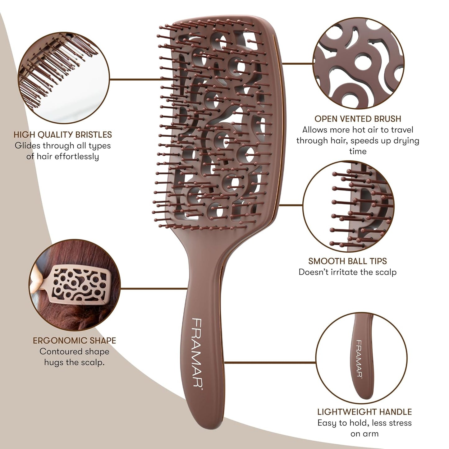 FRAMAR Professional Vented Hair Brush – Curved Hair Brush For Blow Drying, Wet Paddle Brush For Hair, Vent Brush For Blow Drying, Wet Hairbrush For Women – Heat Resistant – Chocolate