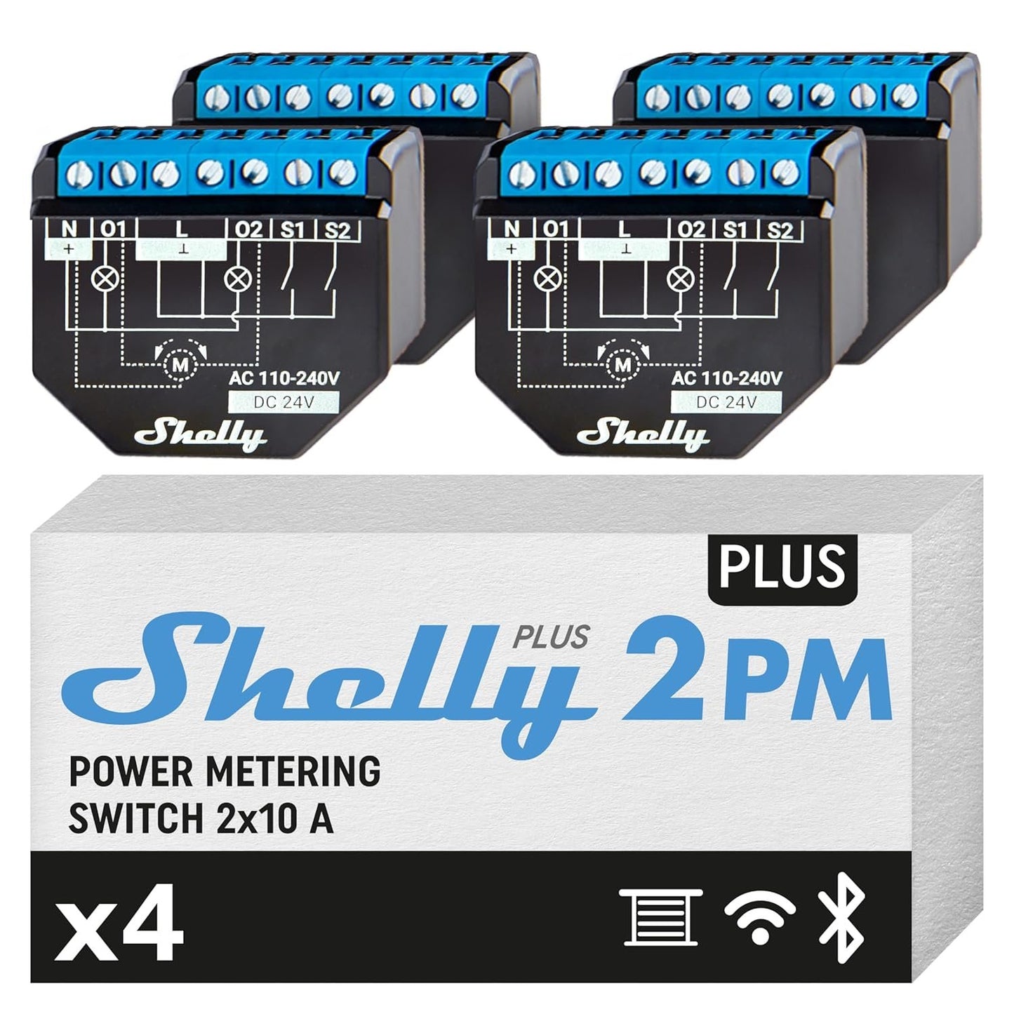 Shelly Plus 2PM (16A) - 4 Pack | WiFi & Bluetooth 2 Channels Smart Switch with Power Metering | Home Automation | Roller Shutter Remote Control | Alexa & Google Home Compatibility | iOS Android App