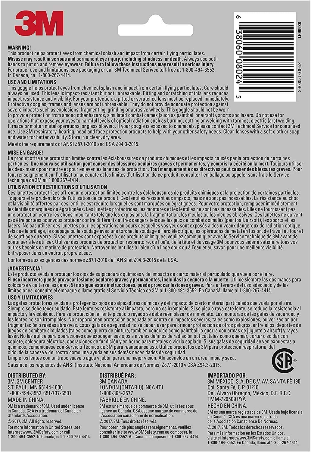 3M Chemical Splash/Impact Goggle