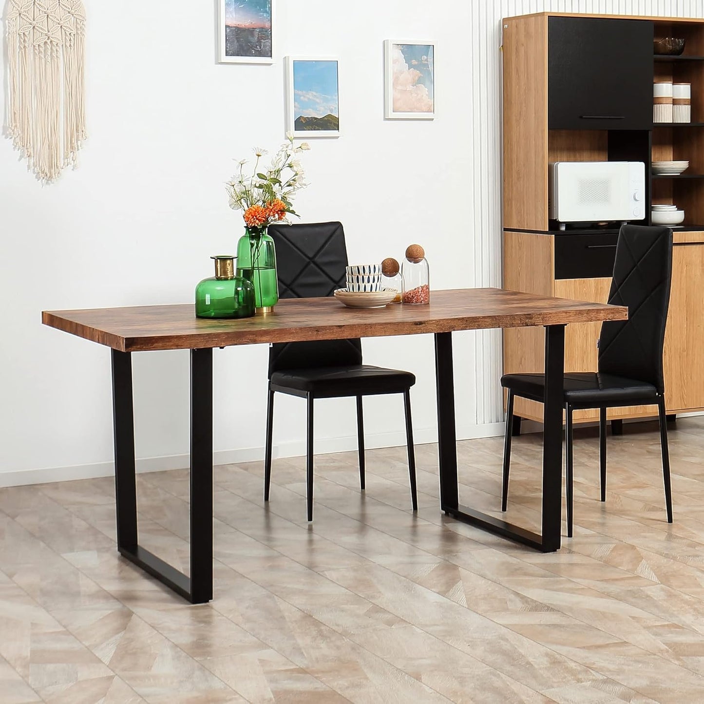 HOMCOM 63" Dining Table, Industrial Kitchen Table with Wave-Edged Tabletop and Steel Legs for Up to 6 People, Rustic Brown