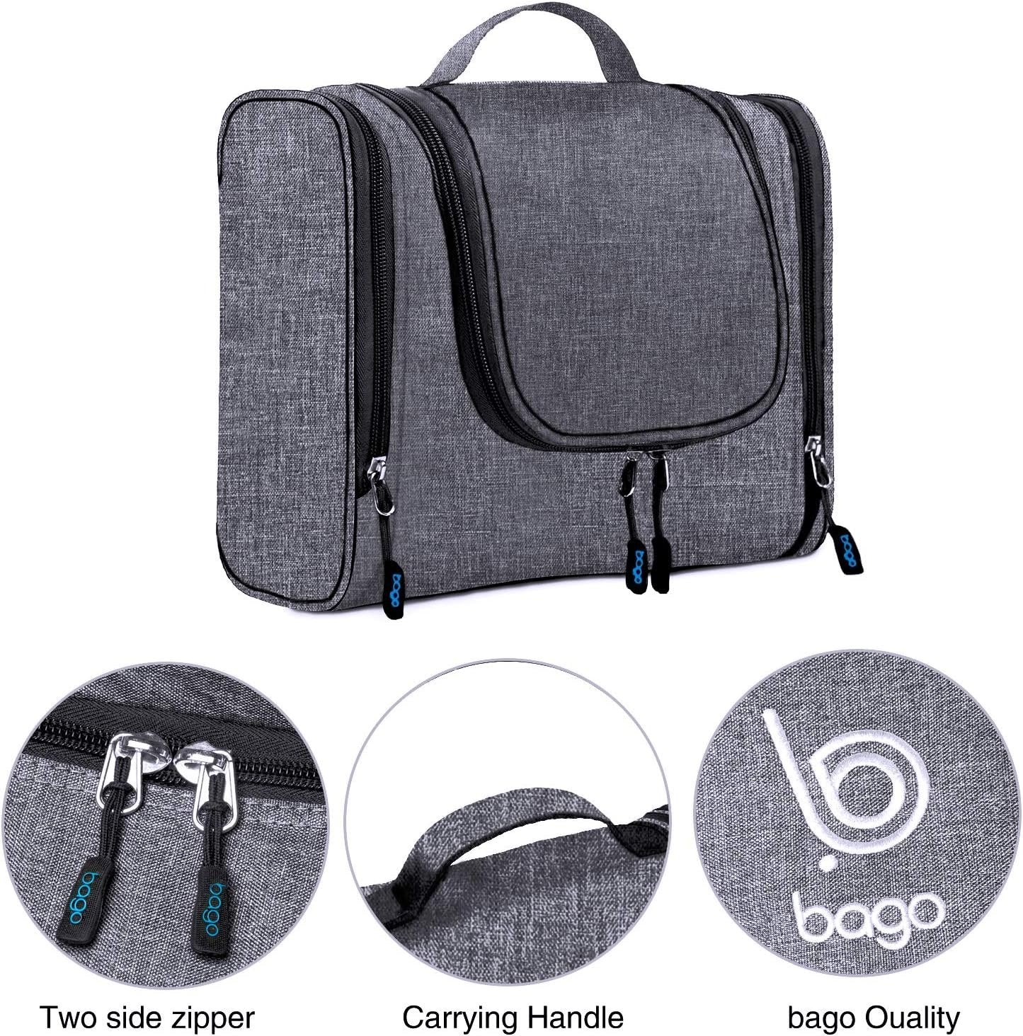 Bago Hanging Toiletry Bag for Women & Men - Leak Proof Travel Bags for Toiletries with Hanging Hook & Inner Organization to Keep Items from Moving - Pack Like a PRO (Snow Black)