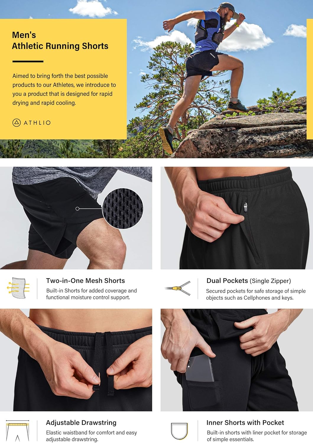 ATHLIO Men’s 1~2 Pack Athletic Shorts | Quick Dry Mesh Running & Training Shorts with Pockets