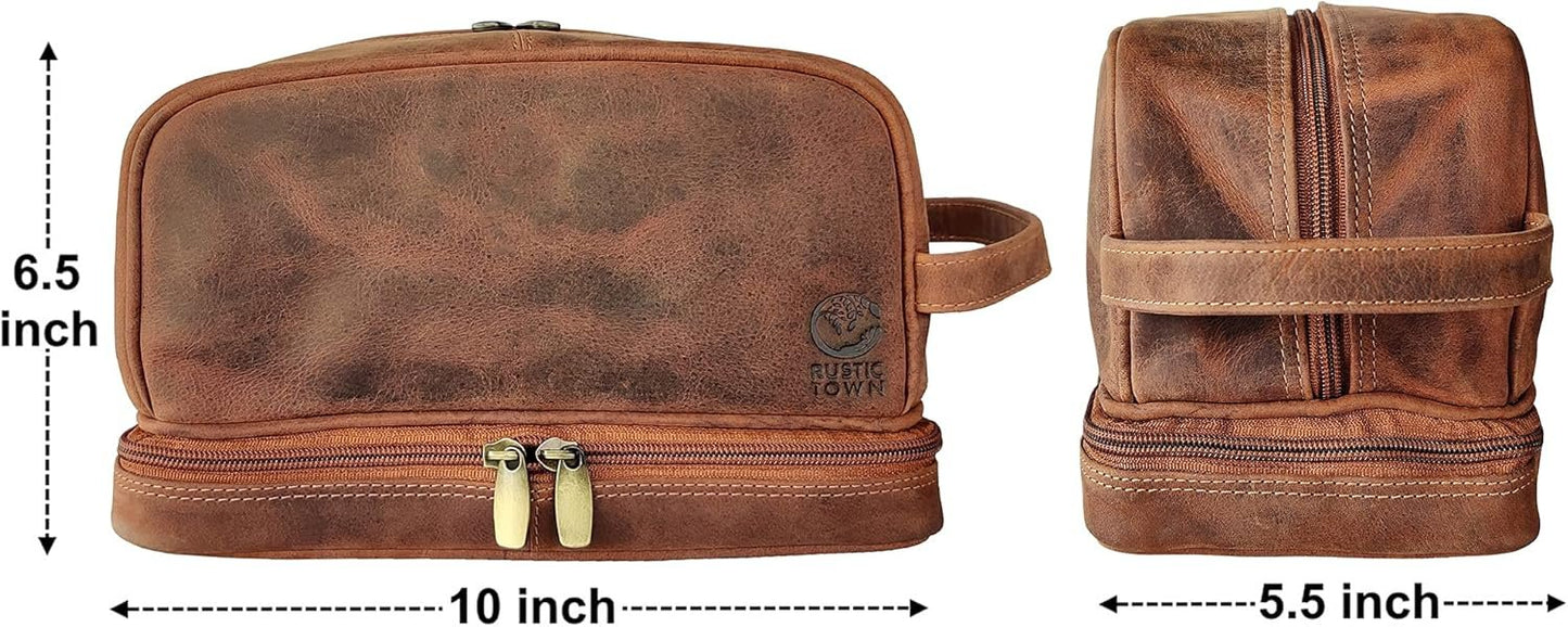 Genuine Leather Travel Cosmetic Bag - Hygiene Organizer Dopp Kit by Rustic Town, Brown, Medium, Rt6318flr