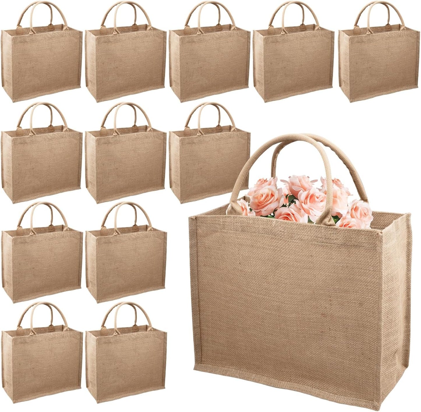 12 Pack Burlap Tote Bag, Reusable Jute Bags with Handles, Large Jute Shopping Canvas Bags Burlap Gift Bags Bulk Kitchen Reusable Grocery Bags for Women Wedding DIY Art Crafts, 16 x 12 x 7.8 inch