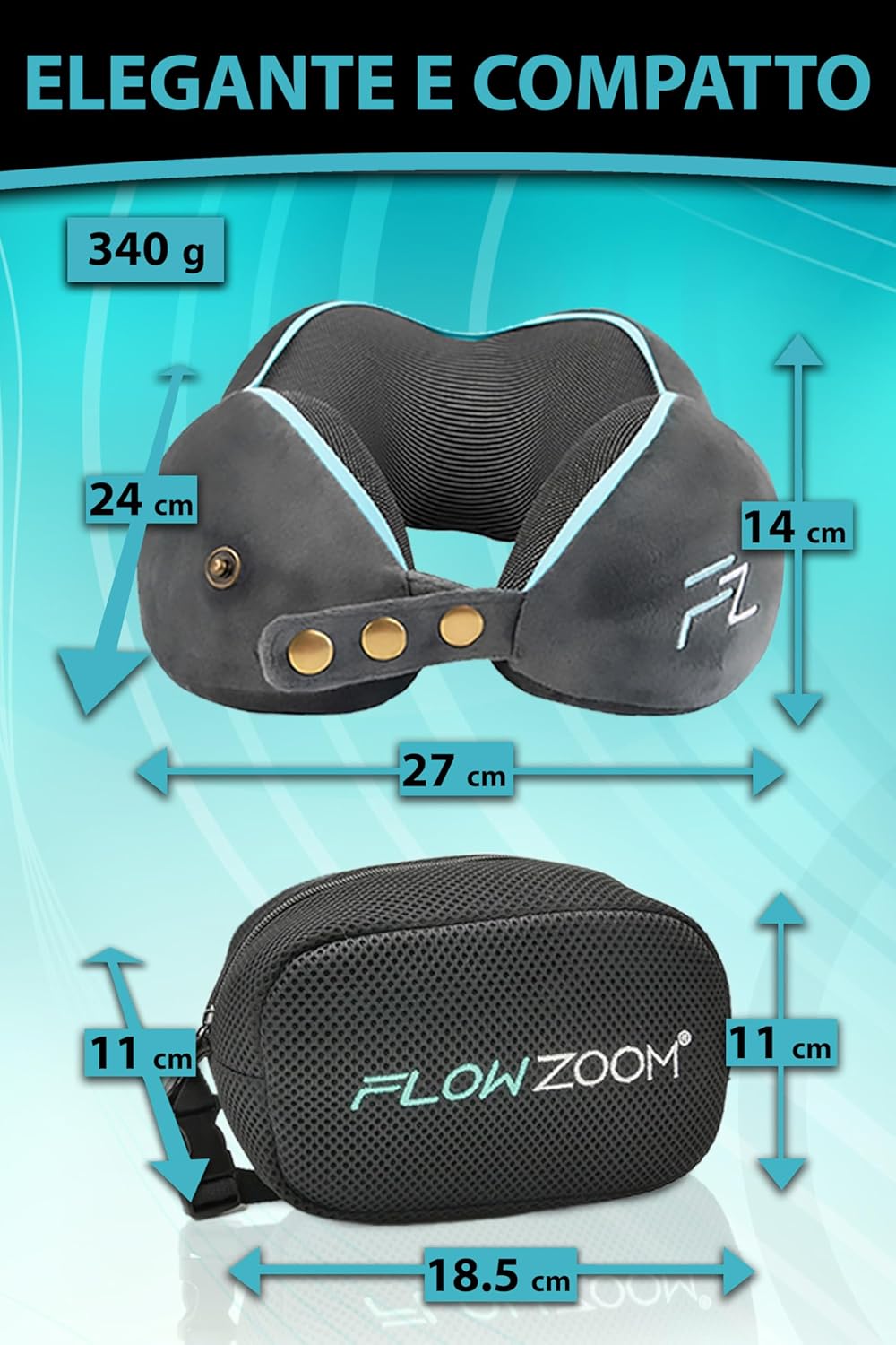 FLOWZOOM Comfy Airplane Car Memory Foam Travel Pillow - Adjustable Neck Pillow with 360° Support, Washable Velvety Cover and Mesh Carry Bag - Grey