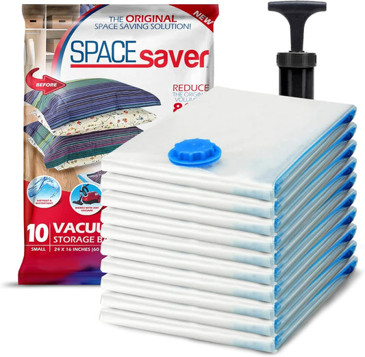 Spacesaver Vacuum Storage Bags Small 10-Pack - Vacuum Seal Bags for Clothing, Comforters, Blankets, and Bedding - 60 x 40 cm Space Saver Bags for Travel and Home Organization with Hand Pump Included
