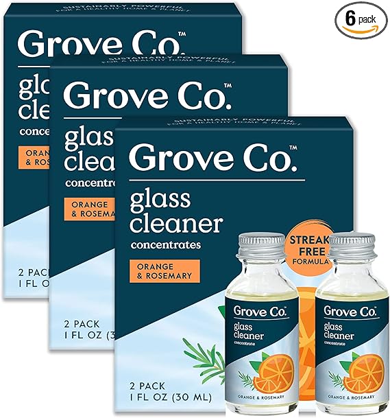 Grove Co. Glass Cleaner, Refill Concentrate (6 x 1 Fl Oz) Streak Free, Plant-based Household Cleaning Supplies, No Plastic Waste, Orange & Rosemary Fragrance, 3 x 2 Pack Refills