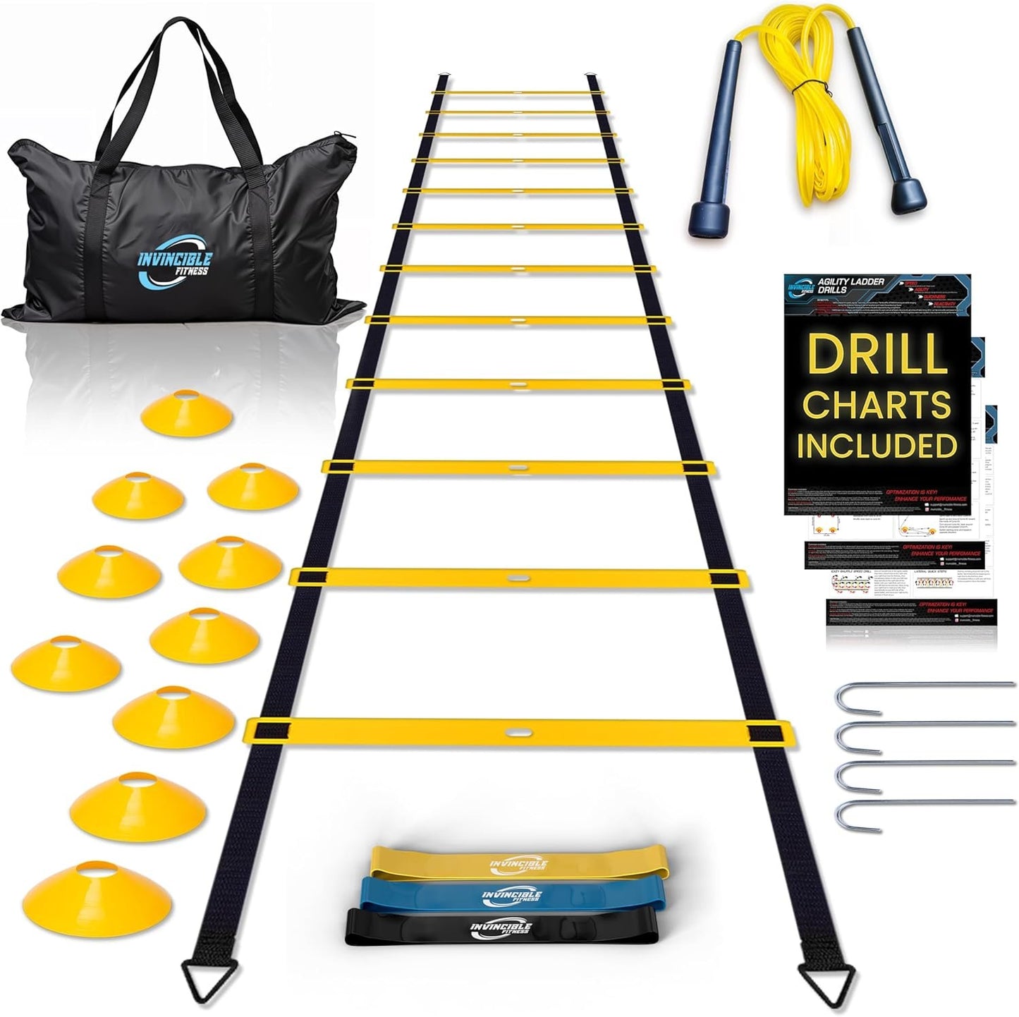 Invincible Fitness Agility Ladder Full Training Equipment Set, Improves Coordination, Speed, Power and Strength, Includes 10 Cones 4 Hooks and 3 Loop Resistance Bands for Outdoor Workout