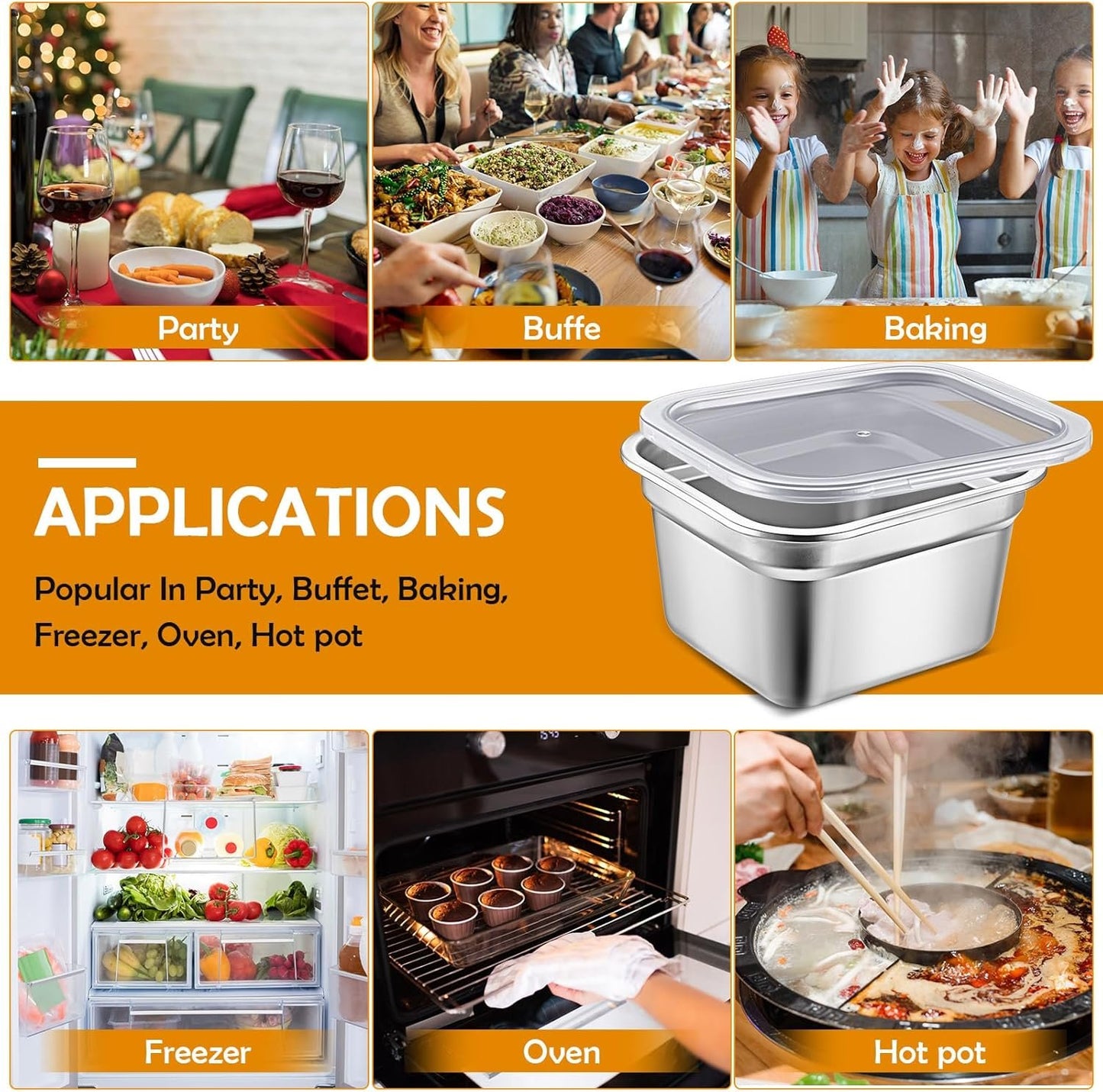 8 Pcs 1/6 Size Hotel Steam Table Pans with Lids, Stainless Steel Food Containers and PP Plastic Covers, Anti-clogging Steamer Pans for Buffet, Catering, Restaurant, and Food Prep(4" Deep)