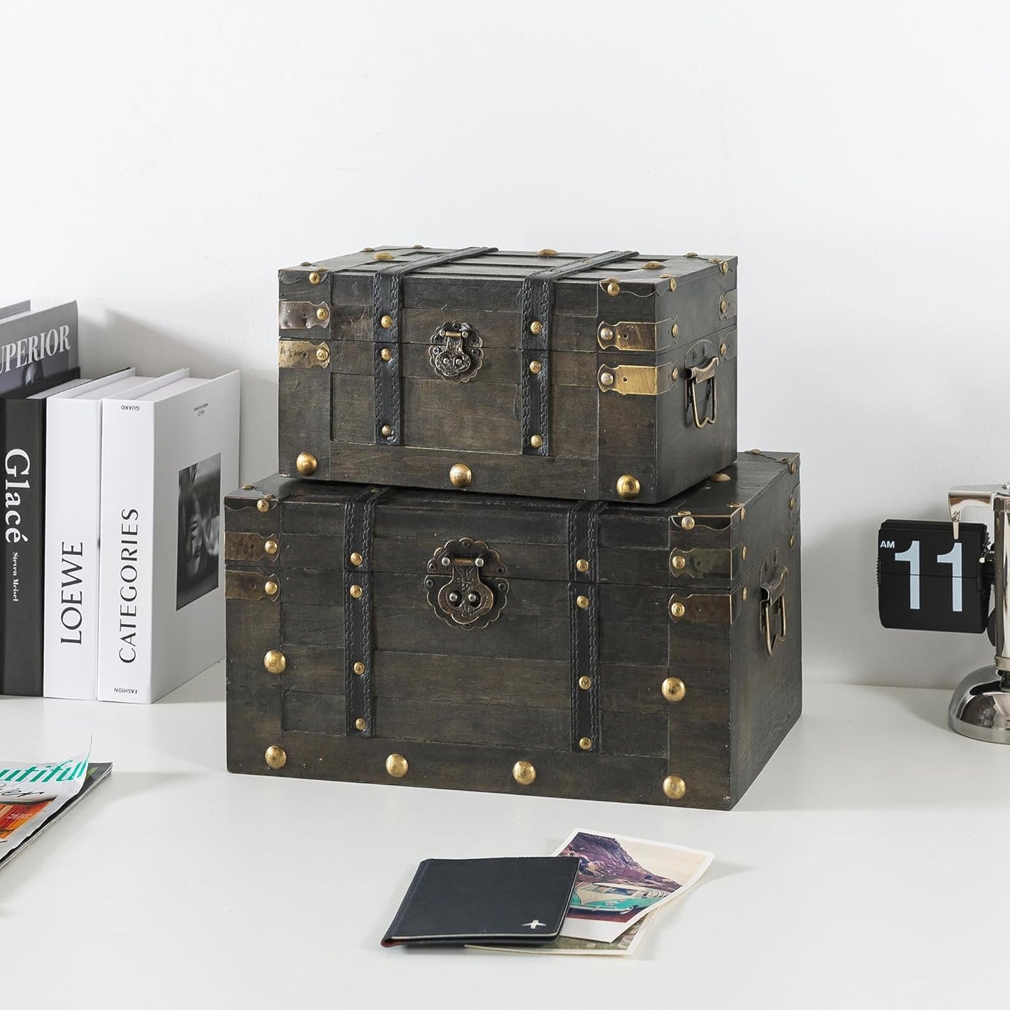SLPR Alexander Wooden Boxes with Hinged Lids - Set of 2, Decorative Trunks for Storage and Home Decor, Antique Wood Treasure Chests for Keepsakes