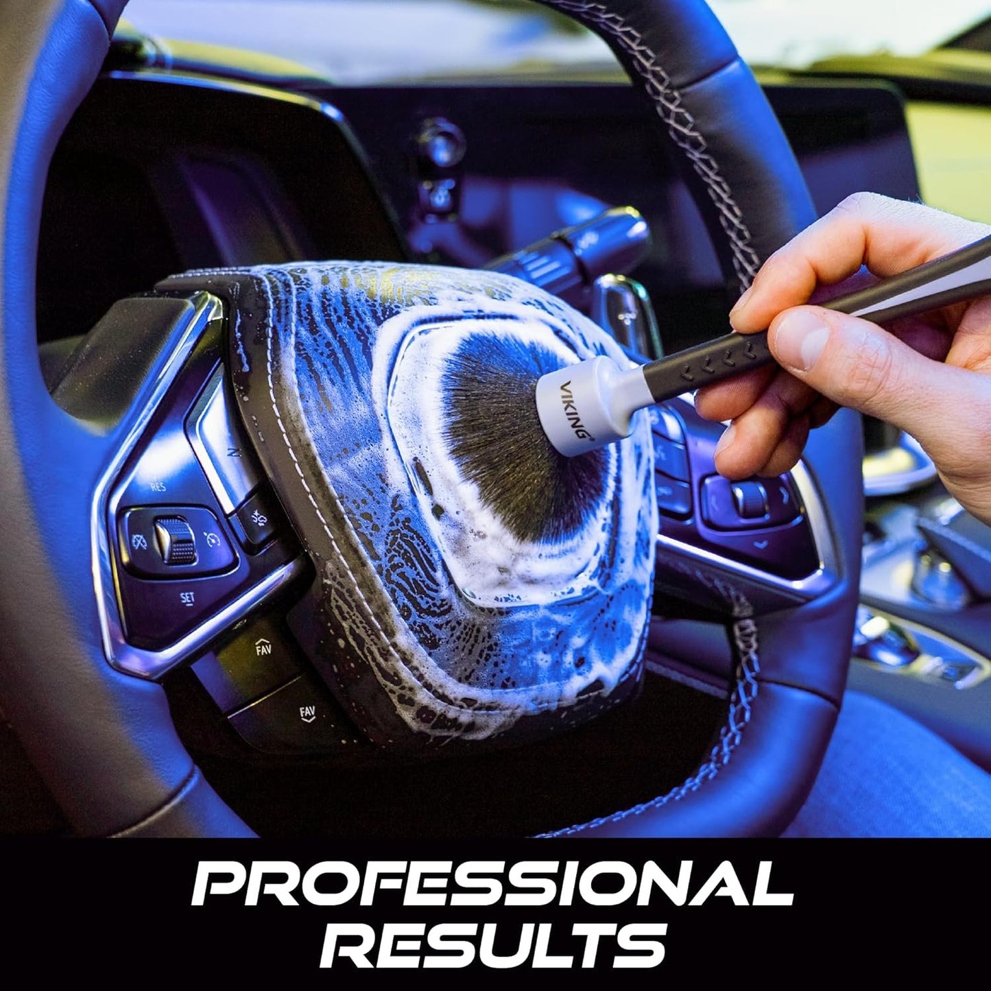 VIKING Car Detailing Brush Set for Car Cleaning Kit, Super-Soft Bristles for Interior Detail, Black/Grey, Includes Medium 1 Inch Diameter and Large 1.5 Inch Diameter Brush Heads, 2 Pack