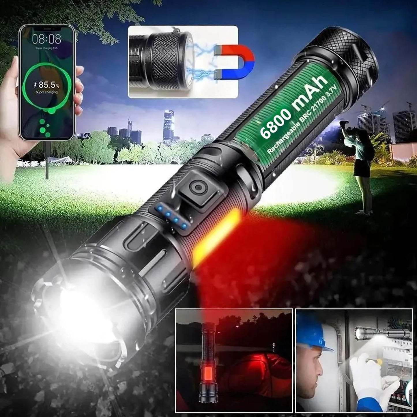 Rechargeable LED Flashlights High Lumens Super Bright Powerful 6800mAh Battery Super Bright Tactical Flashlight 7Modes with COB Work Light Waterproof Powerful Magnet