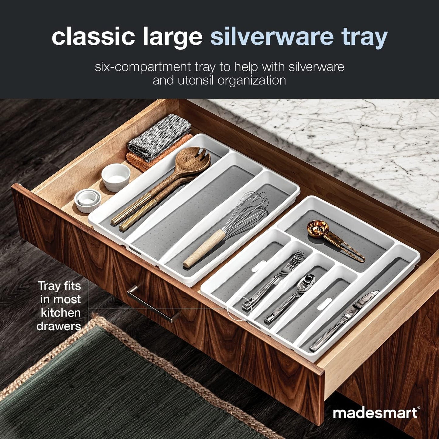 Madesmart Classic 6-Compartment Plastic Silverware Tray for Drawers, Cutlery and Utensil Tray Kitchen Drawer Organizer, White