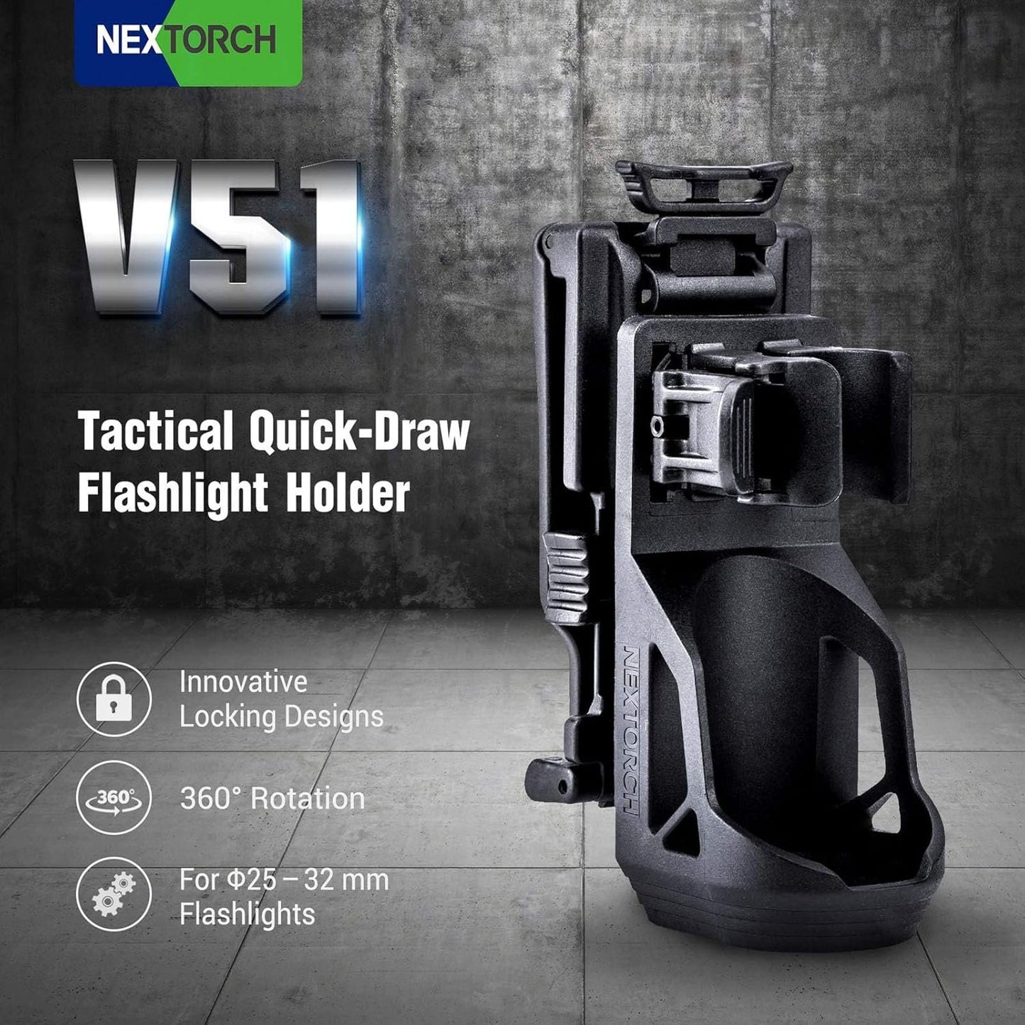 Nextorch V5 Tactical Flashlight Holster with Lever Side Lock System Only for 1"-1.25" Diameter Flashlight (Holster Head Diameter 0.78"-1.18" Bottom Diameter 1.18") (V51)