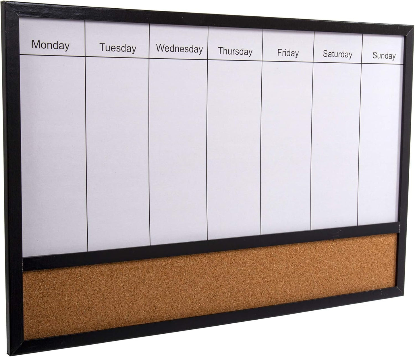 DESK TECH Versatileal Weekly Planner - Half Dry Erase Magnetic White Board with Cork Bulleting Board - 16 x 24 inches, Black Pinewood Wooden Frame - Hangable, Versatile for School, Office and Home Use