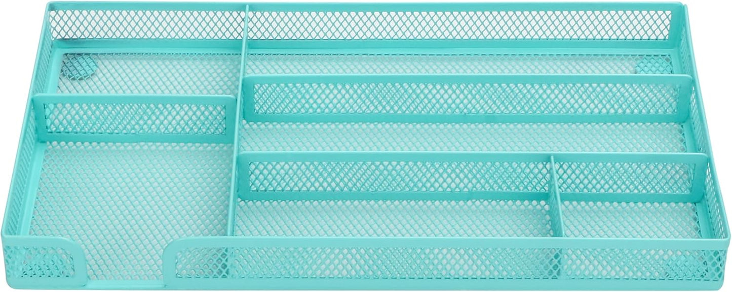 Annova Desk Drawer Organizer Tray for Office Organization - Metal Mesh - Storage Tray with Dividers for Pens, Desktop Accessories, Bathroom, Kitchen, Makeup and Office Supplies (Small) (Turquoise)