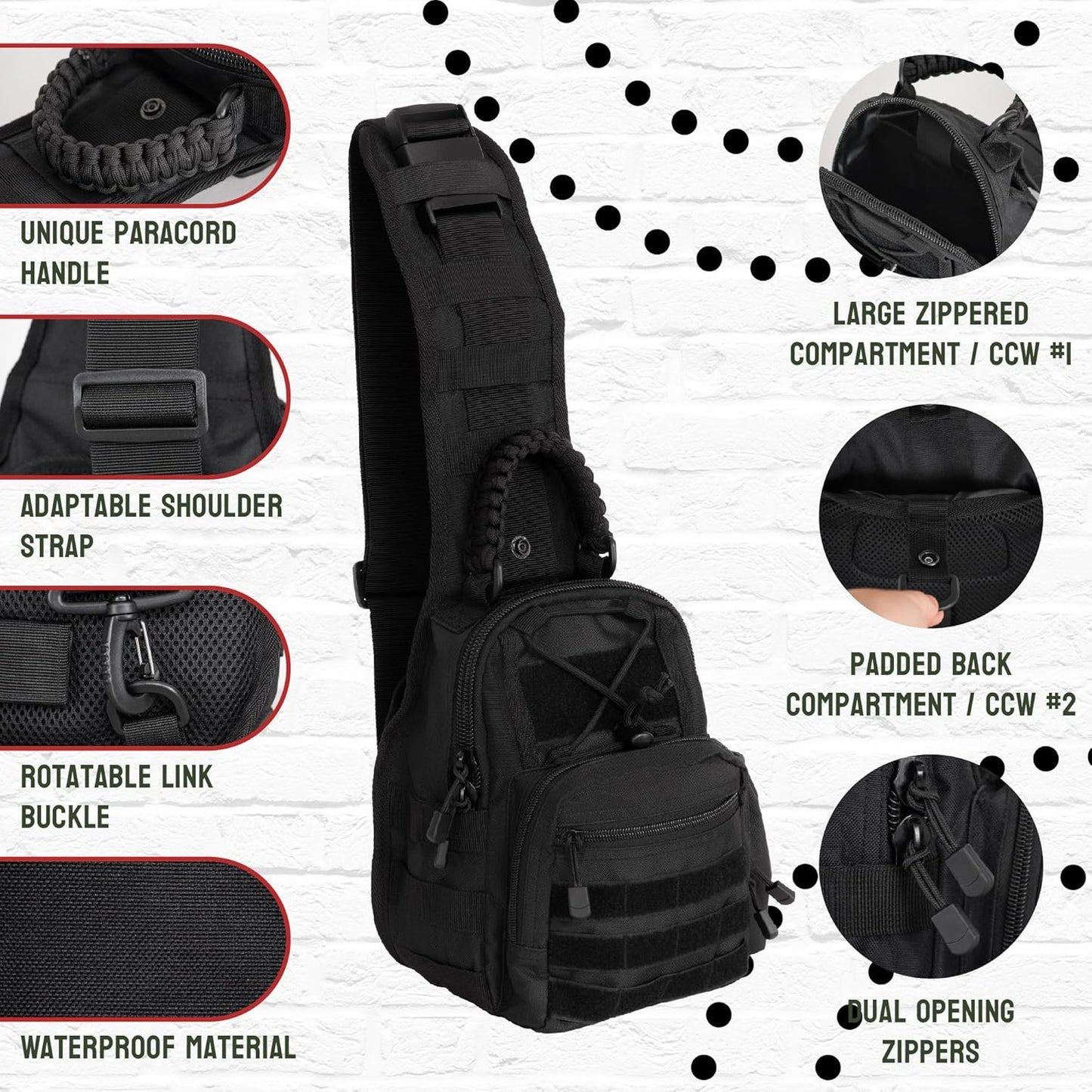 Sling Bag for Men - Lightweight & Compact EDC Gear Bag for Travel, Range, Hiking, Outdoor Sports - Weatherproof and Durable Nylon Crossbody Range Bag Day Pack - Black CCW Sling Bag, Black, Regular