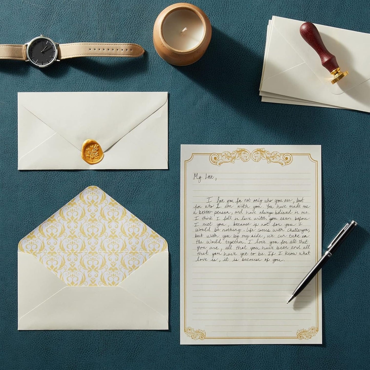 Vintage Style Letter Writing Kit with 60 Sheets of Gold Border Paper and 30 Envelopes for Letters, Valentine's (7.25 x 10 in)