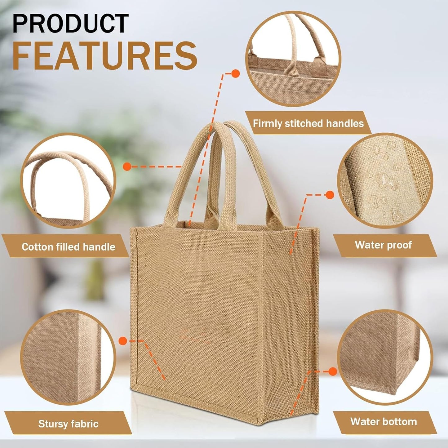 12 Pack Burlap Tote Bag, Reusable Jute Bags with Handles, Large Jute Shopping Canvas Bags Burlap Gift Bags Bulk Kitchen Reusable Grocery Bags for Women Wedding DIY Art Crafts, 16 x 12 x 7.8 inch