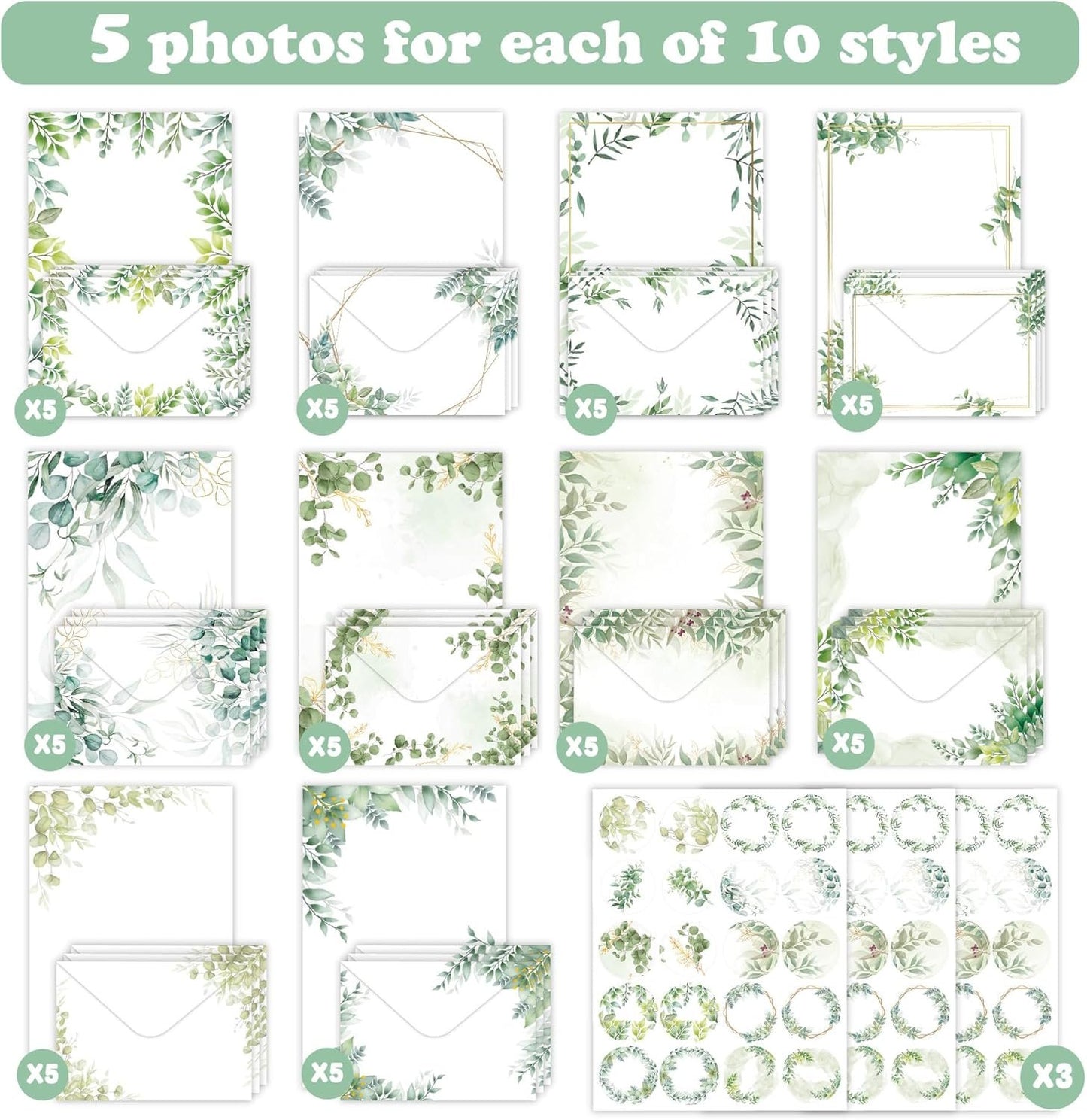 JasCherry 50 Sheets of Stationery with Envelopes, 10 Ddesigns of Stationery with 3 Sticker Sheets, Elegant Stationery Set for Invitation Cards, Congratulations Cards, Set D