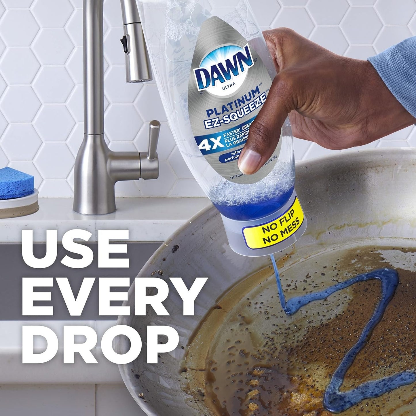 Dawn EZ-Squeeze Platinum Dishwashing Liquid Dish Soap, Refreshing Rain Scent 535 ml (Pack of 3) + Dawn Non-Scratch Kitchen DIsh Sponges (Pack of 2)