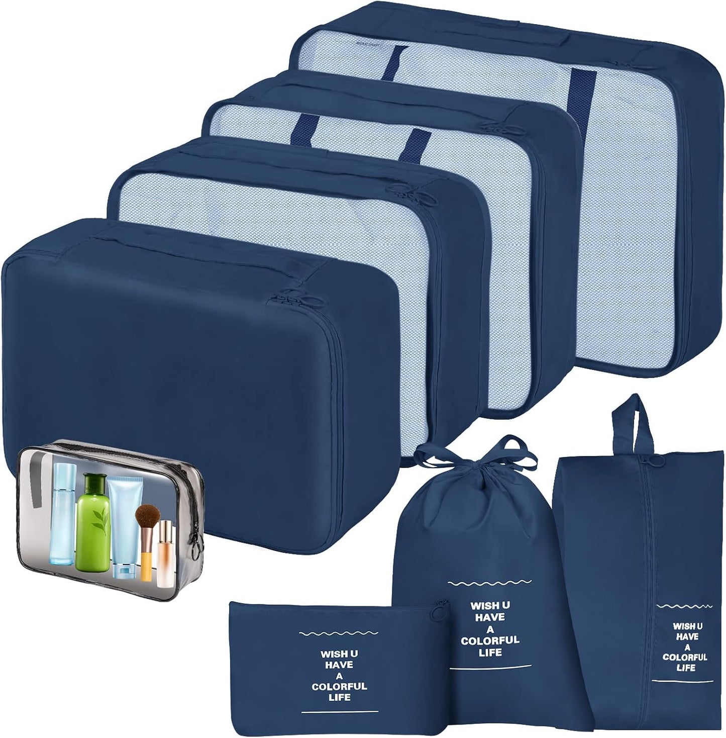 Sarsumir Travel Suitcase Organizer, 8 Pieces Packing Cubes Organizer Suitcase Travel Organizer with Waterproof Bags Toiletry Clothes Shoes, Navy Blue
